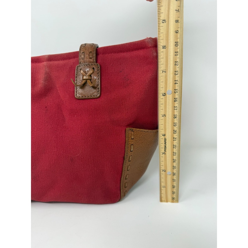 Fossil Red Canvas Brown Leather Trim Tote Shoulder Bag Whipstitch Key Charm - Picture 14 of 14